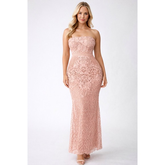 Fashion Nova Dresses & Skirts - Fashion Nova Pink Crochet Lace Strapless Maxi Dress w/Built-in Shorts